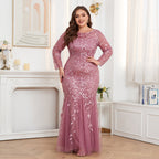 Women's Plus Size Long Sleeve Round Neck Lined Back Zip Fishtail Dress