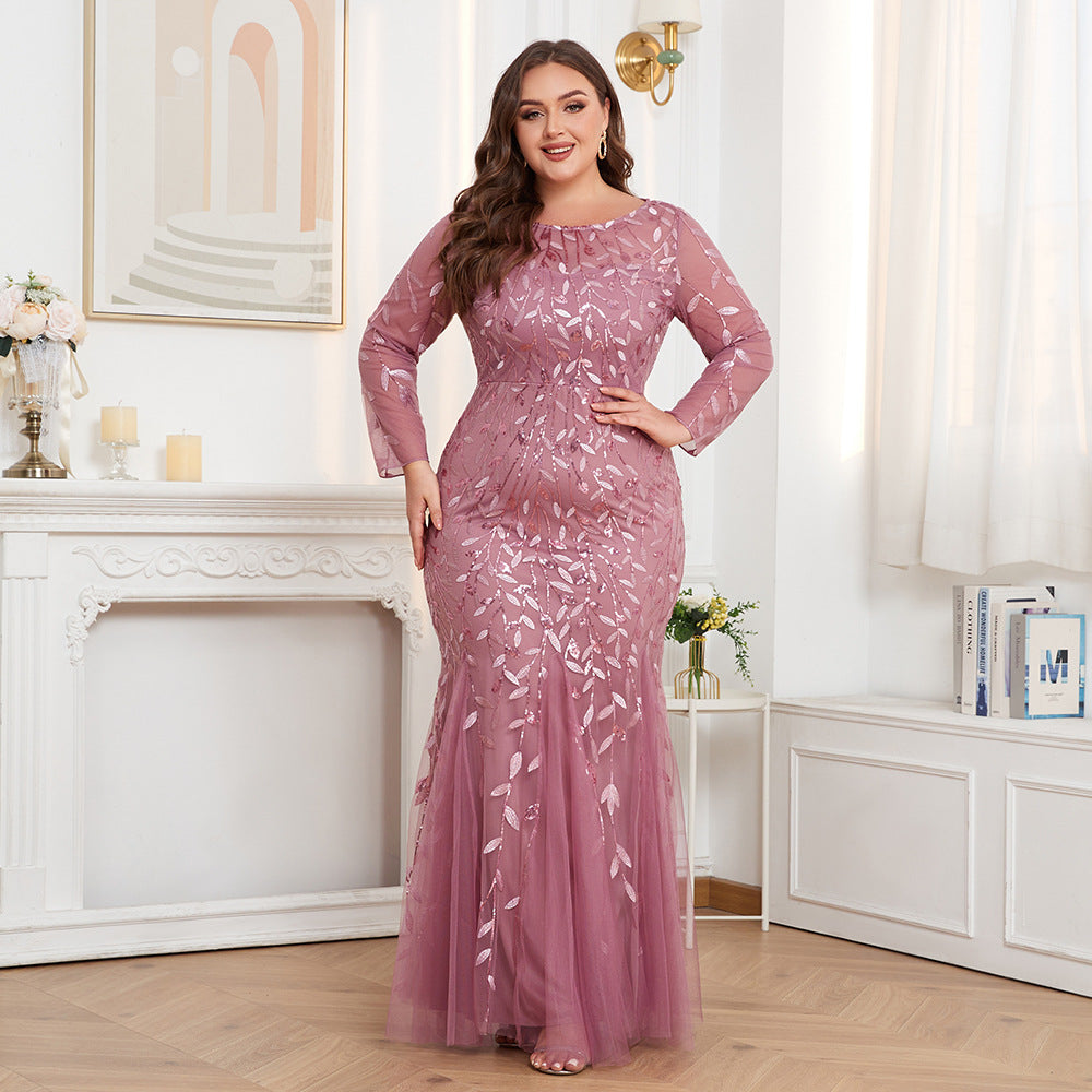 Women's Plus Size Long Sleeve Round Neck Lined Back Zip Fishtail Dress