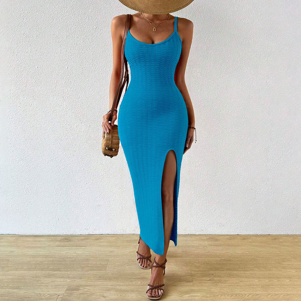 Women's Vacation Beach Dress Package Hip Slit Knitted Sling Midi Dress