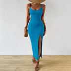 Women's Vacation Beach Dress Package Hip Slit Knitted Sling Midi Dress