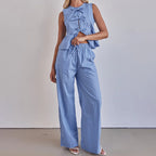 Striped Vest round Neck Bow Sleeveless Top Loose Wide Leg Pants Two Piece Set