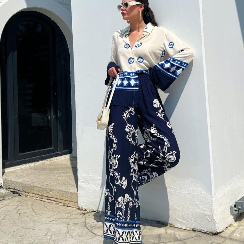 Women's Positioning Printed Loose Long Sleeves Top Wide Leg Pants Two