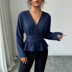 Women's V-Neck Ruched Long Sleeve Top