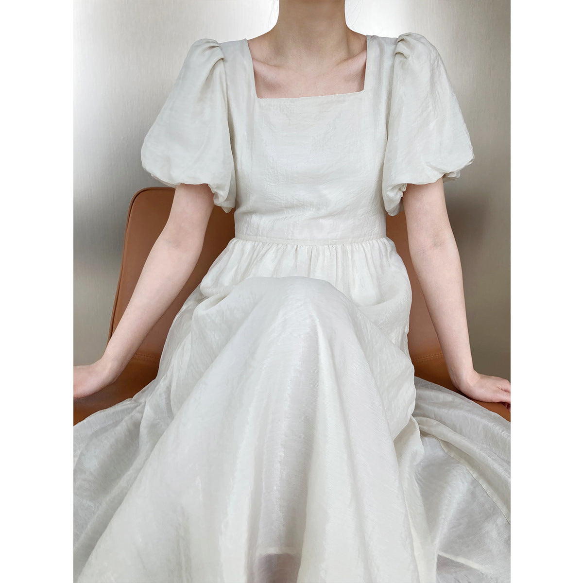 Square-Neck Puff Sleeve High-Waist Net Yarn Mid Length Dress