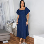 U-Neck Short-Sleeve Denim Maxi Dress