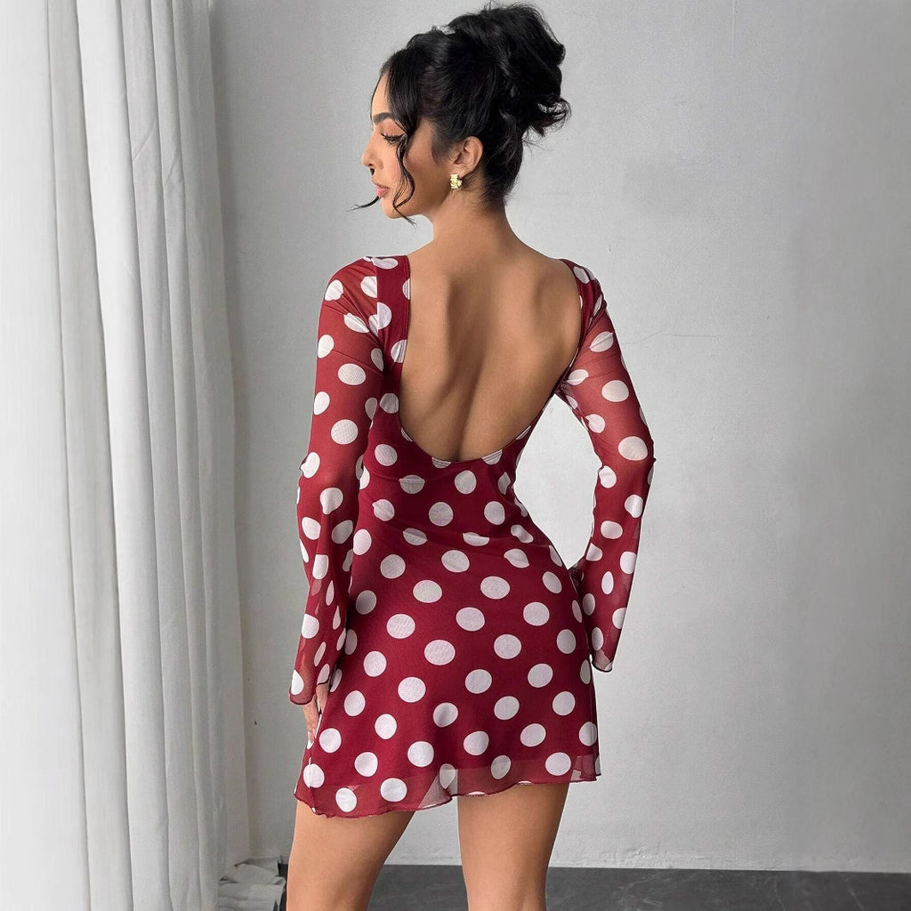 Polka Dot Backless Mesh Mini Dress