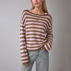 Solid Color Striped Pullover Sweater Loose Crew Neck Casual