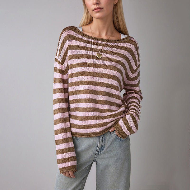 Solid Color Striped Pullover Sweater Loose Crew Neck Casual