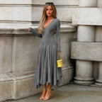 Sexy V neck Tight Waist Irregular Asymmetric Slimming Solid Color Dress Casual French Elegance Long Dress