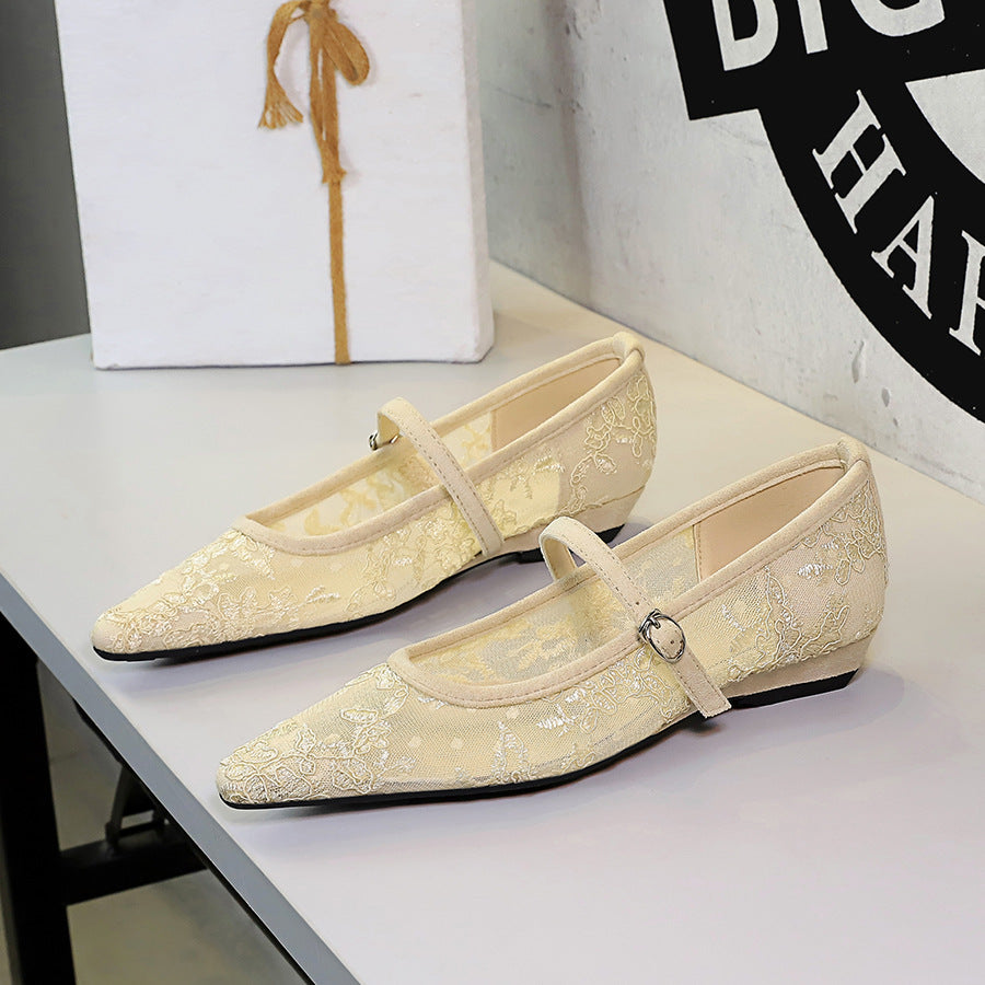 Women's High Sense Lace Screen Ankle Strap Buckle Sexy Pointed Toe Shallow Mouth Low Heel Professional Shoes Women