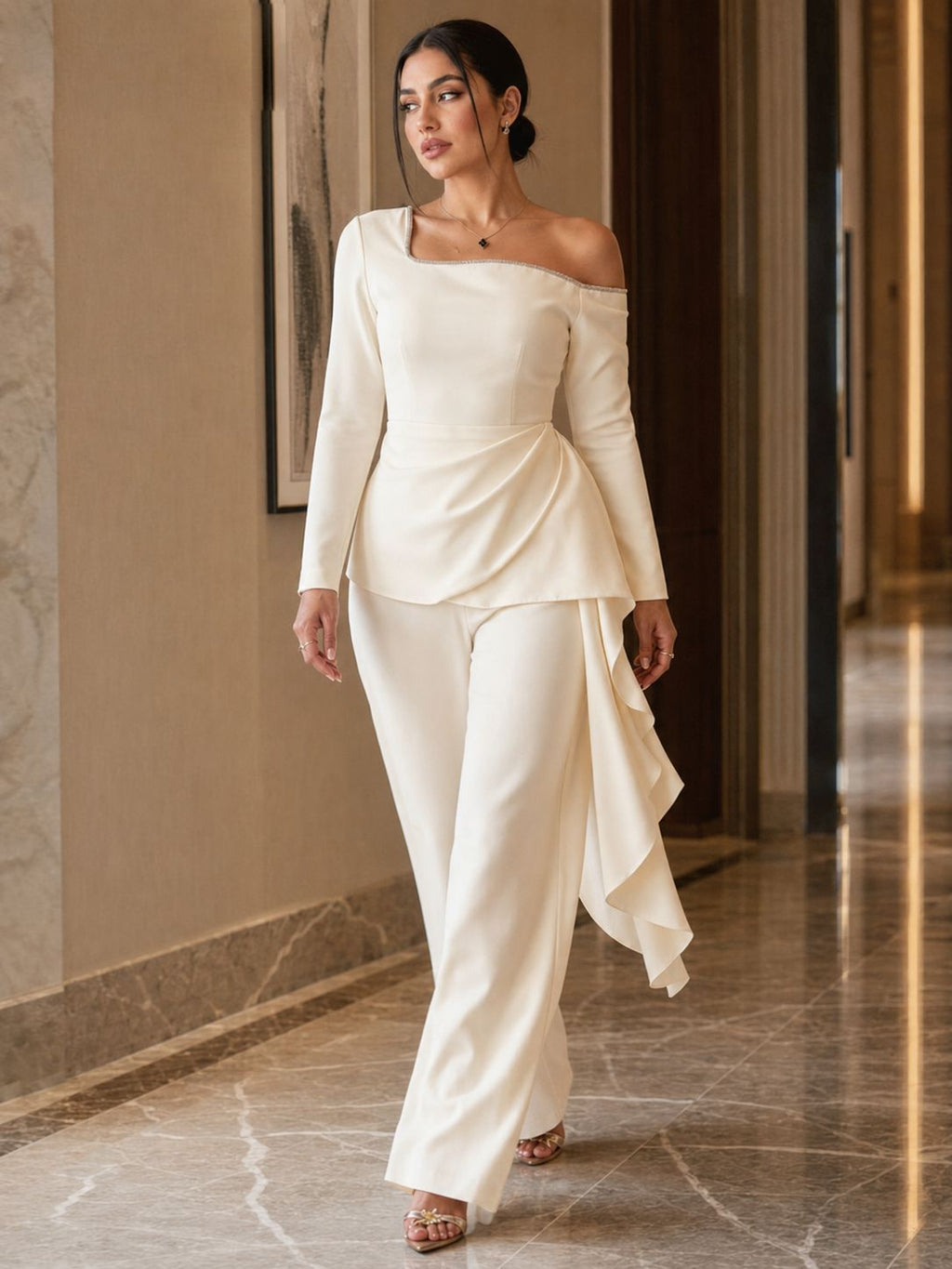 Women's Slant-Shoulder Wide-Leg Jumpsuit