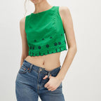 Embroidered Floral Lace-Up Cropped Blouse
