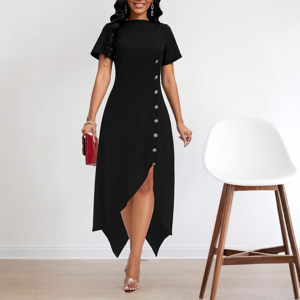 Crew-Neck Asymmetric Split Short-Sleeve A-Line Maxi Dress