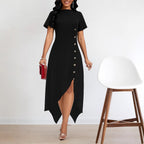 Crew-Neck Asymmetric Split Short-Sleeve A-Line Maxi Dress