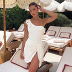 Women's Cream One-Shoulder Swimsuit & Wrap Skirt Set