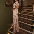 Women's Printed Stand-Collar Short-Sleeve Sheath Dress