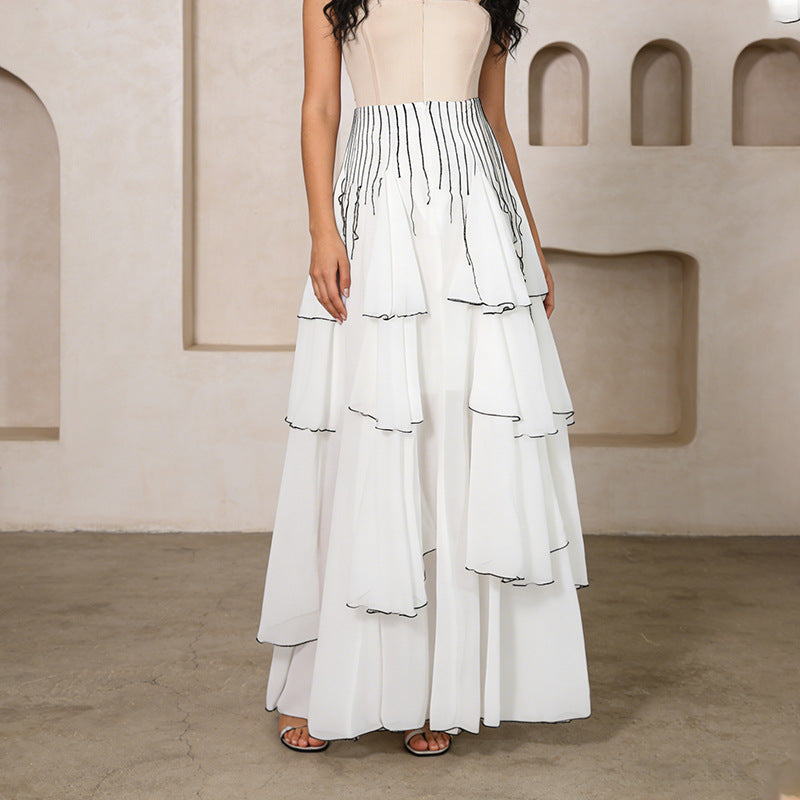 French Intellectual Color Matching Mesh Spring Skirt