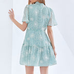 Women's Early Spring Elegant Stand Collar Short Sleeve Printed Short Dress Plus Size Tiered Dress