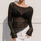 Women's Cutout Scoop Neck Lace Long Sleeve Top