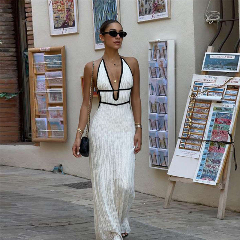 Women's White Halter Backless Knit Midi Dress