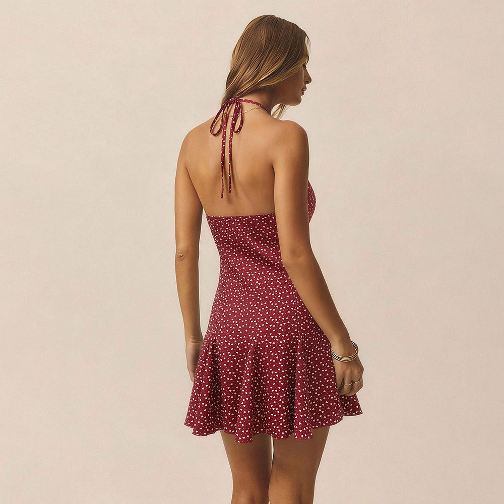 Women's Wine-Red Polka-Dot Mini Dress