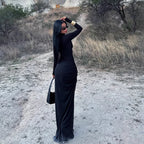 High-Neck Long-Sleeve Ruched Split Maxi Dress