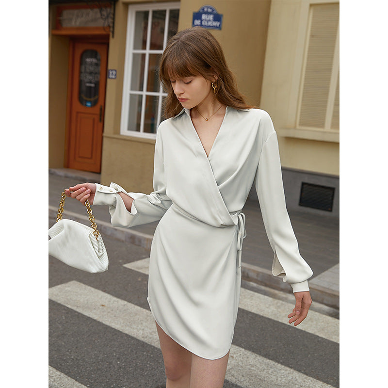 Women's Satin V-Neck Office Shirt Dress