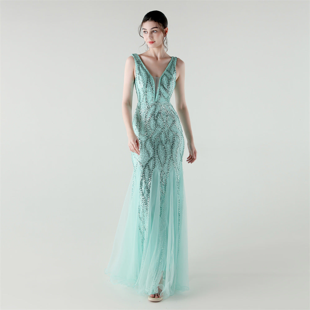 Deep V Plunge Fishtail Beaded Sequ Mesh Evening Dress Women Cocktail High End Party