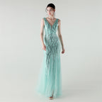 Deep V Plunge Fishtail Beaded Sequ Mesh Evening Dress Women Cocktail High End Party