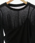 Black long-sleeve top with faux camisole overlay straps, scoop neckline