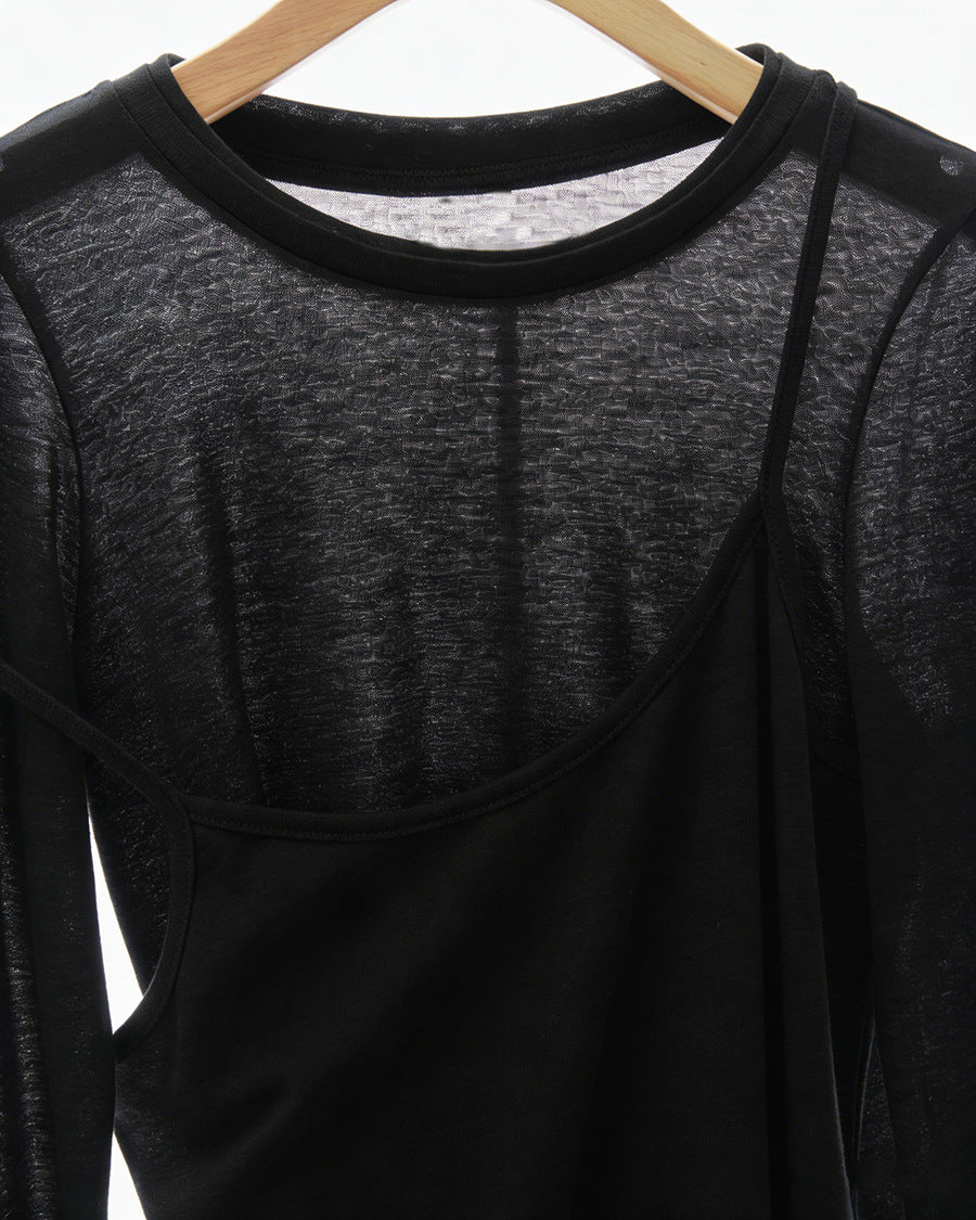 Black long-sleeve top with faux camisole overlay straps, scoop neckline