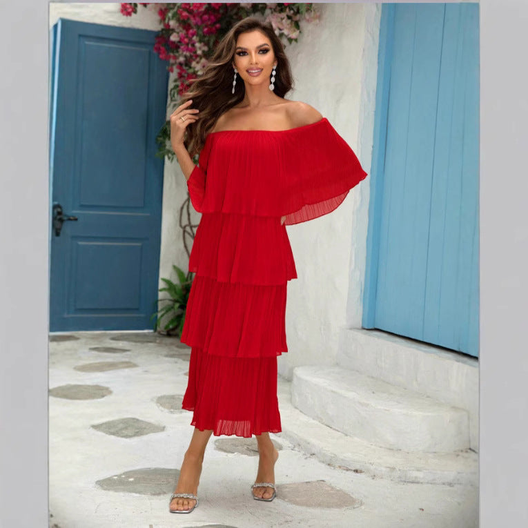 Elegant Boat Neck Pleated Ruffled Dress Maxi Dress