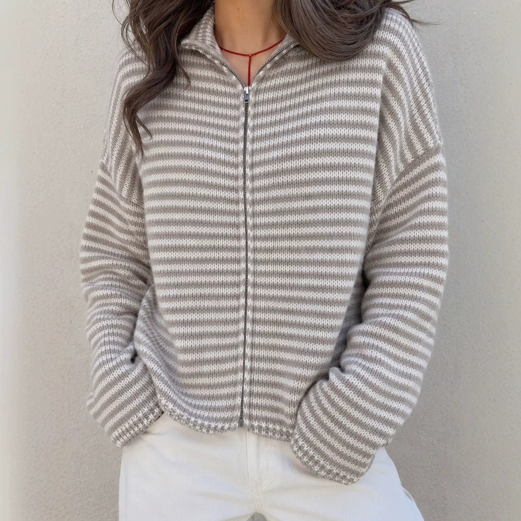 Women's Striped Zip-Up Knit Cardigan