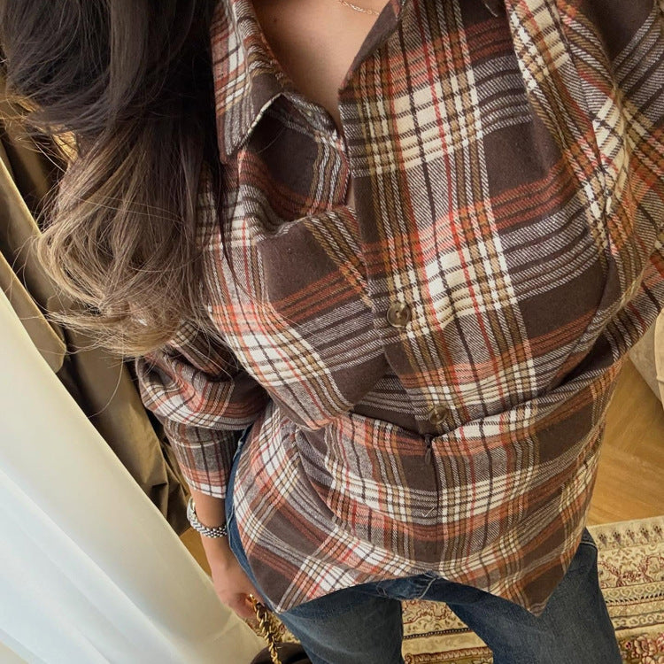 Plaid Waist Tight Design Shirt Casual All Matching Turn down