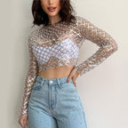 Women's Sheer Mesh Beaded Sequin Long Sleeve Top