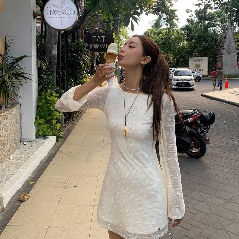 Mesh Long-Sleeve Slim Black Dress Autumn Hip