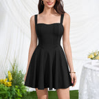 Black sleeveless A-line dress with corset-style bodice and spaghetti straps