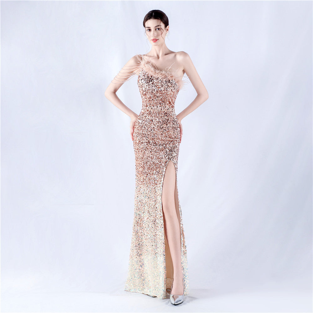 Women's Lengthened Ostrich Feather Beaded Sequ One Shoulder Diagonal Collar High Fork Evening Dress