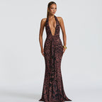 Deep V Plunge Halter Backless Slim Fit Pleated Dress