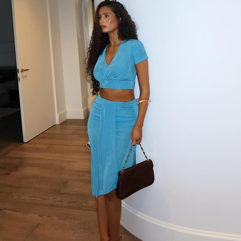 Spring Women Clothing Solid Color Sexy V neck Slim Short