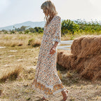 Women's V Neck High Waist Casual Slit Bohemian Dress For Womenspring A Line