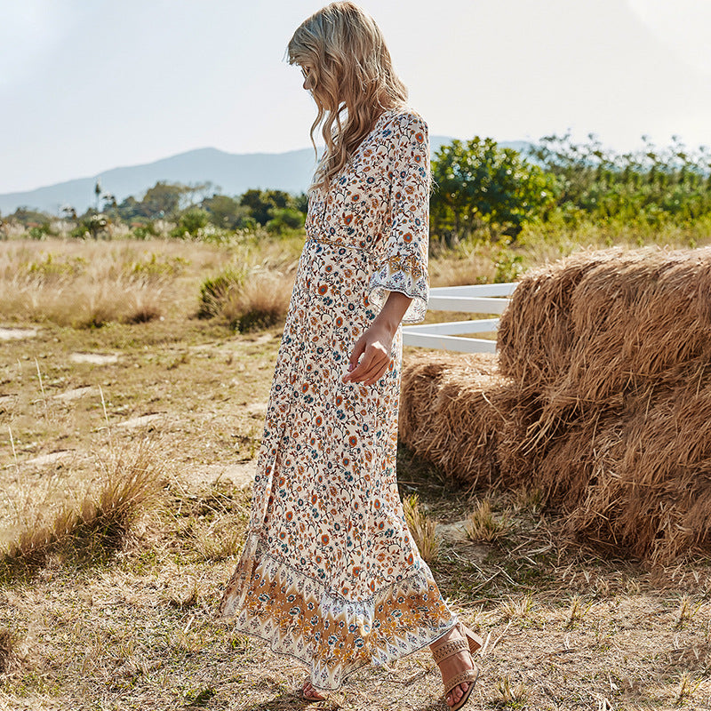 Women's V Neck High Waist Casual Slit Bohemian Dress For Womenspring A Line
