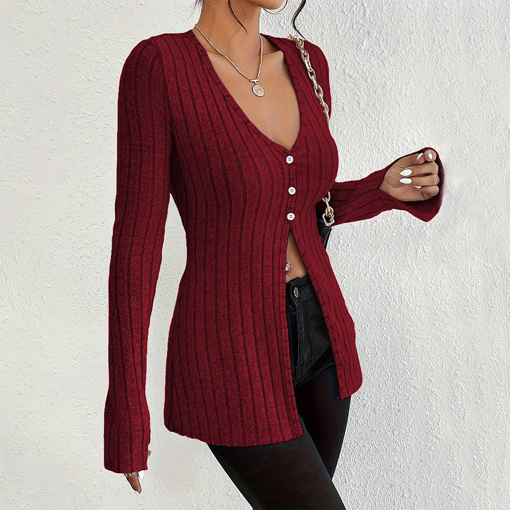 Women's French V Neck T Shirt Long Sleeves Cropped Design Bottoming