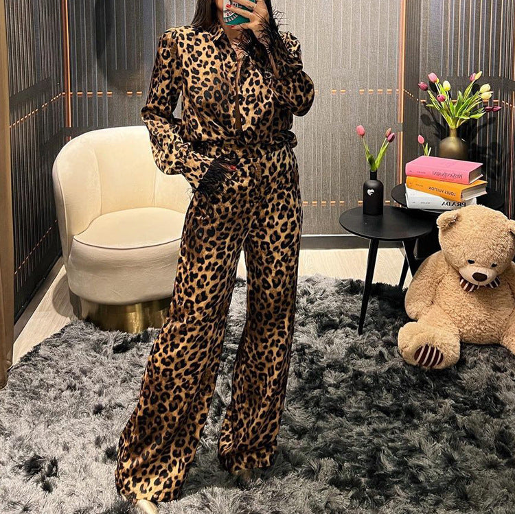 Leopard Shirt & Wide-Leg Pants Set