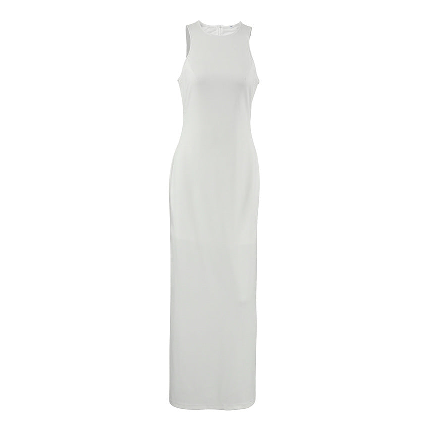White Round-Neck Split Dress