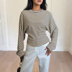 Women's Laid Back Round-Neck Striped Batwing Sleeve Top