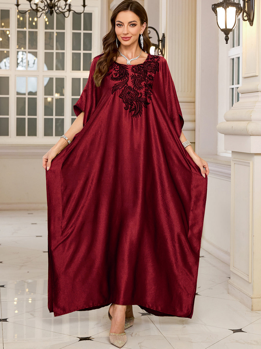 Wine red rayon kaftan swim cover-up with detailed floral embroidery at neckline