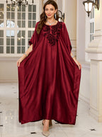 Wine red rayon kaftan swim cover-up with detailed floral embroidery at neckline
