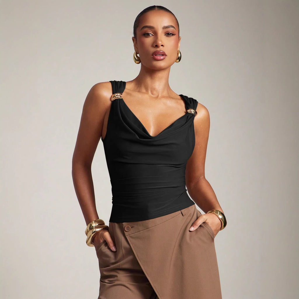 Metal Buckle Pleated Sleeveless Vest Top