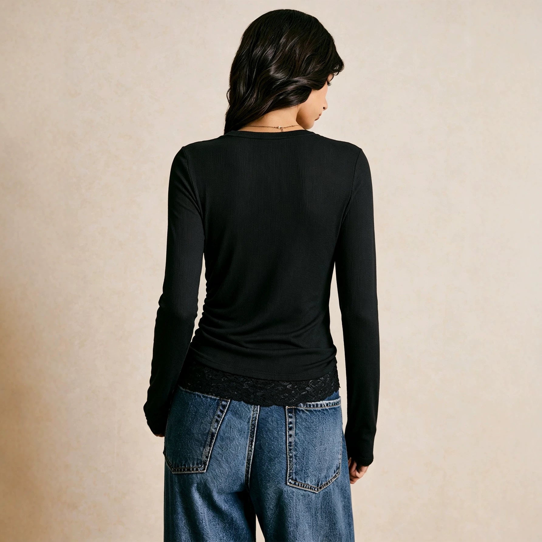 Elegant Black Long Sleeved Top Women Side Pleating Lace